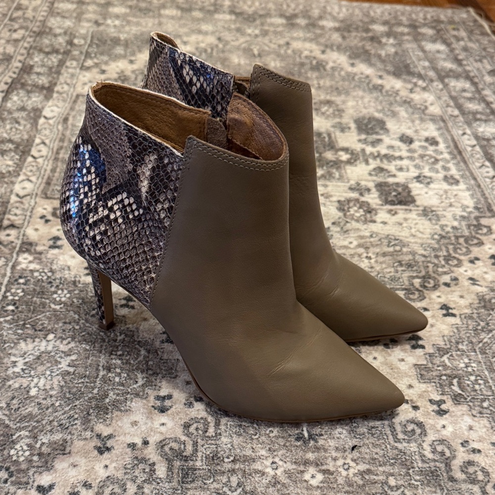 Rowen Olive Leather Pointed Toe Ankle Boots with Snake-Print Heel